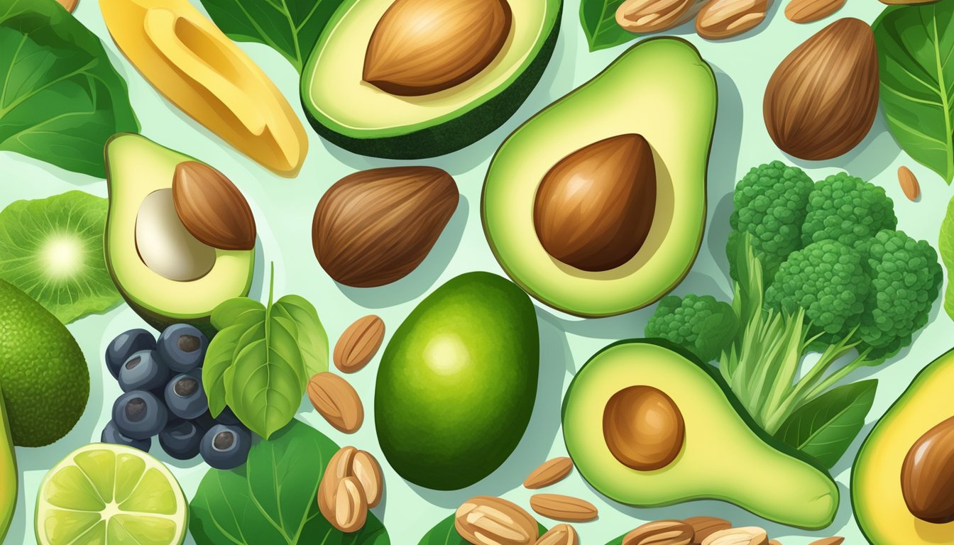 A colorful illustration of various healthy foods associated with the ketogenic diet, such as avocados, nuts, and leafy greens, surrounded by radiant skin with a healthy glow