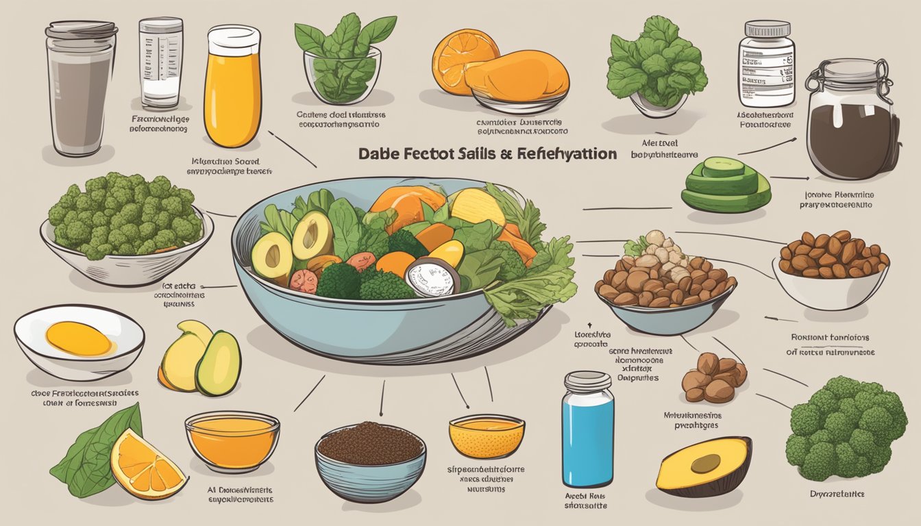 A table with various keto-friendly foods and supplements, alongside a list of potential side effects, such as dehydration and nutrient deficiencies