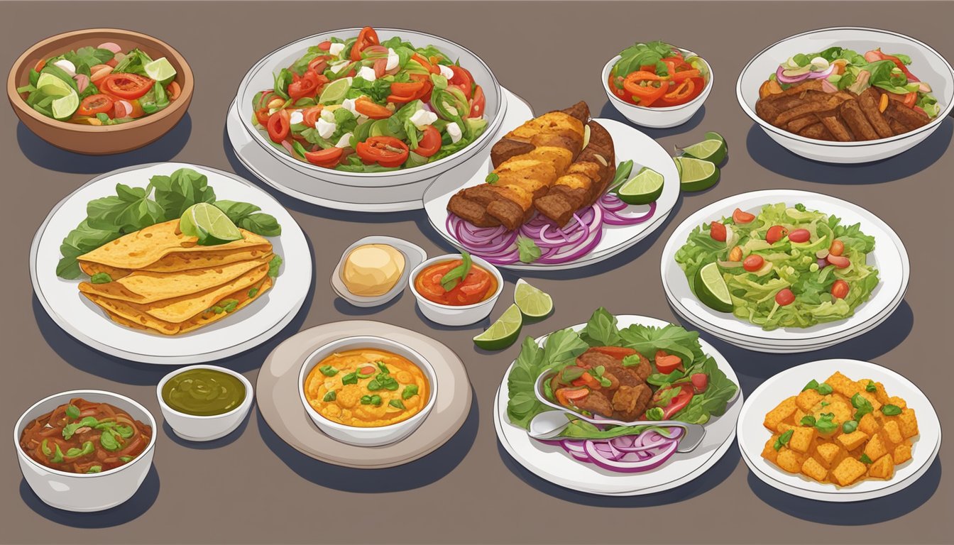 A table set with a variety of keto-friendly dishes from different cultural cuisines, such as Greek salad, Indian curry, and Mexican fajitas