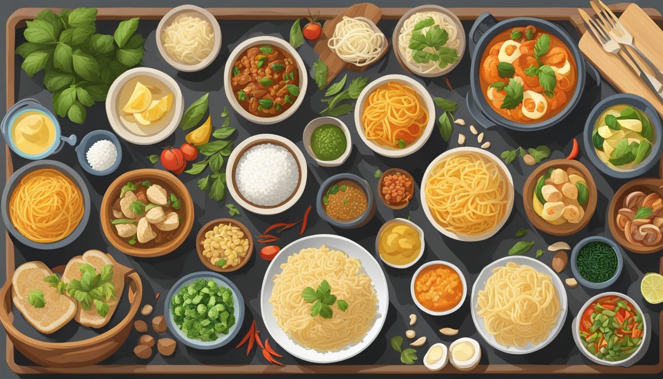 A table with a variety of cultural cuisines, featuring low-carb substitutes for high-carb staples like rice, bread, and pasta