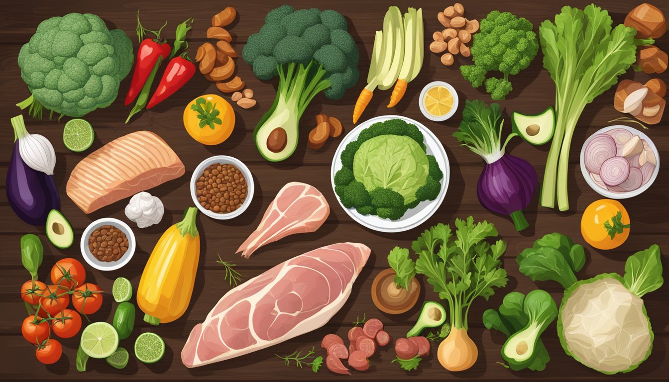 A colorful array of vegetables, meats, and healthy fats arranged on a rustic wooden table, representing the diverse ingredients of a Keto diet and cultural cuisines