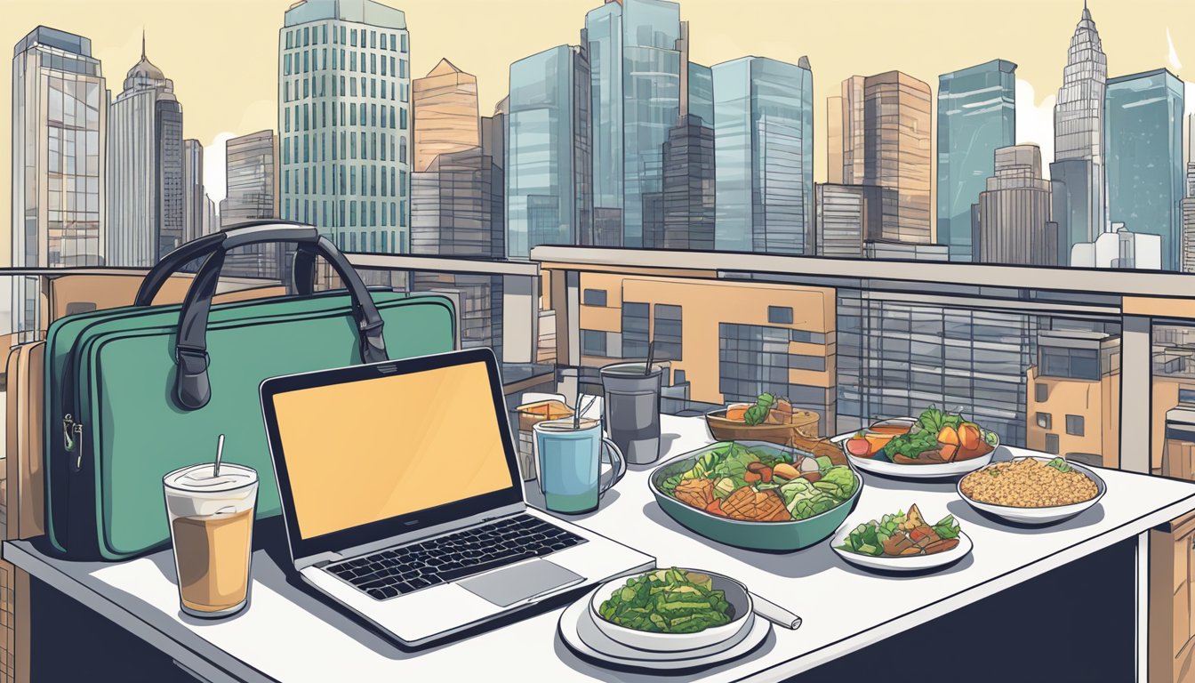 A bustling city skyline with a briefcase, laptop, and healthy keto meal on a desk amidst a busy office setting