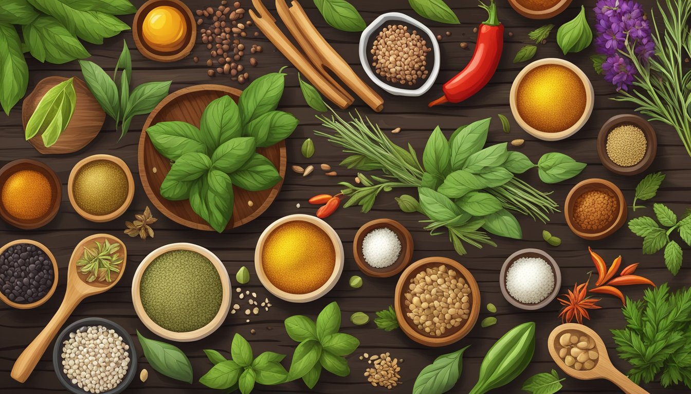 A colorful array of herbs, spices, and flavorings from various cultural cuisines arranged on a wooden cutting board