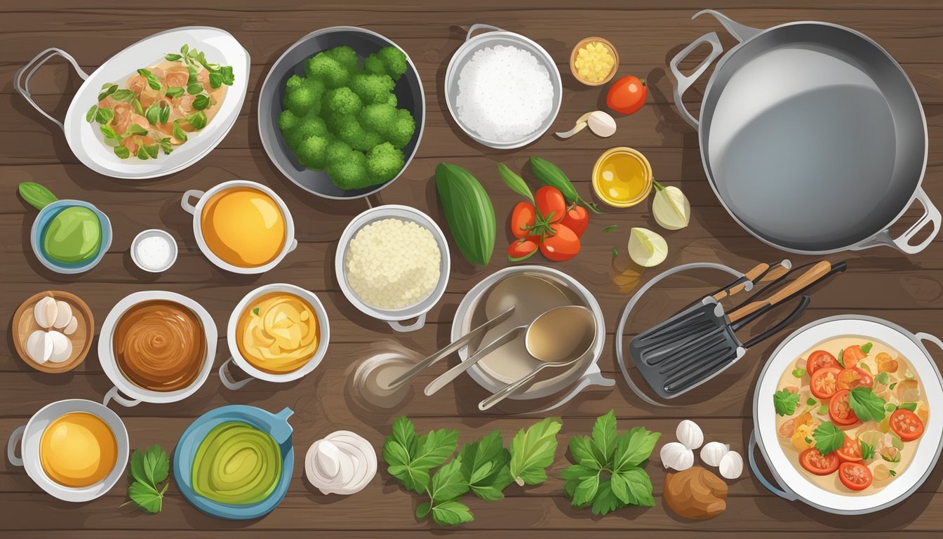 Various kitchen utensils and ingredients for keto and cultural cuisines laid out on a wooden countertop, with pots and pans on the stove