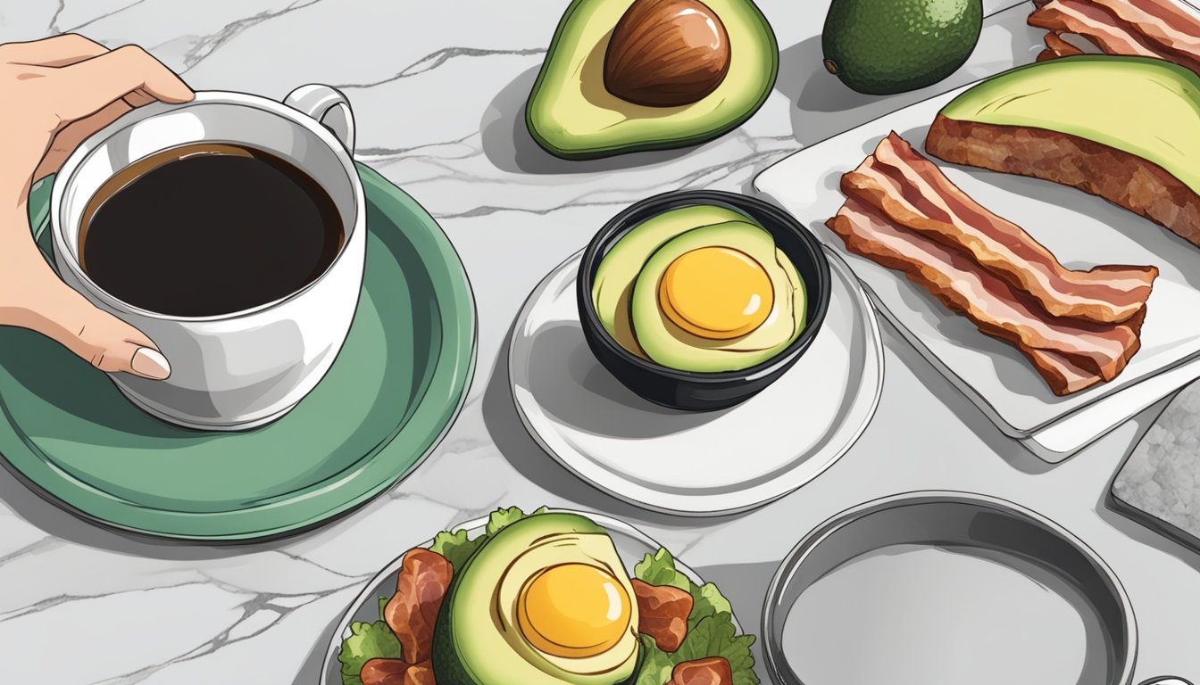 A woman's hand reaches for a to-go container filled with avocado, eggs, and bacon, alongside a cup of black coffee on a marble countertop