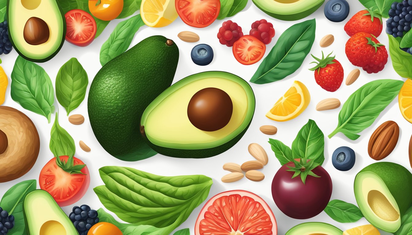 A colorful array of low-carb, high-fat foods like avocados, nuts, and leafy greens, surrounded by vibrant, fresh ingredients like tomatoes and berries