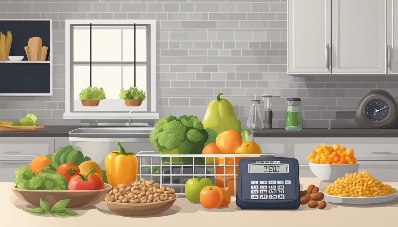 A kitchen counter with fresh produce, nuts, and a food scale. A meal plan calendar and a fitness tracker on the wall