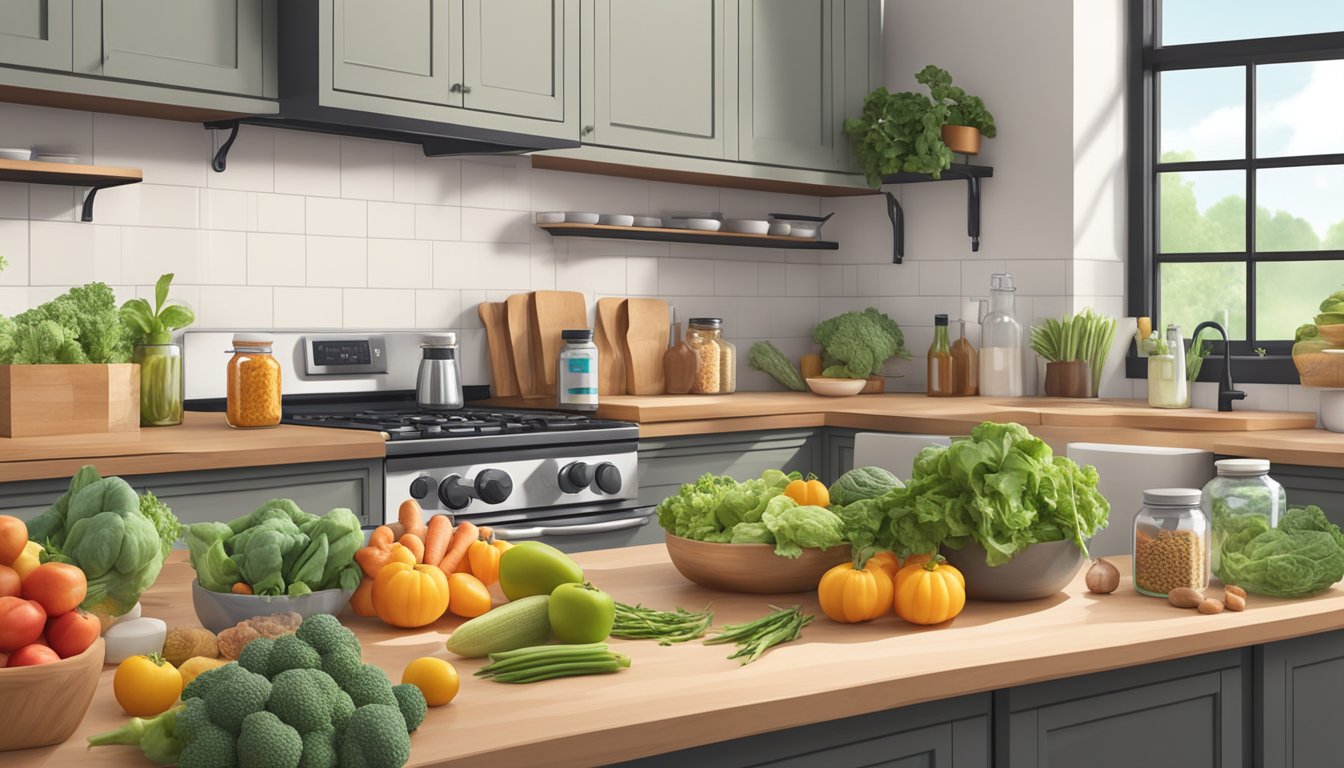 A kitchen counter with a variety of fresh seasonal produce, alongside bottles and jars of nutritional supplements and keto-friendly ingredients