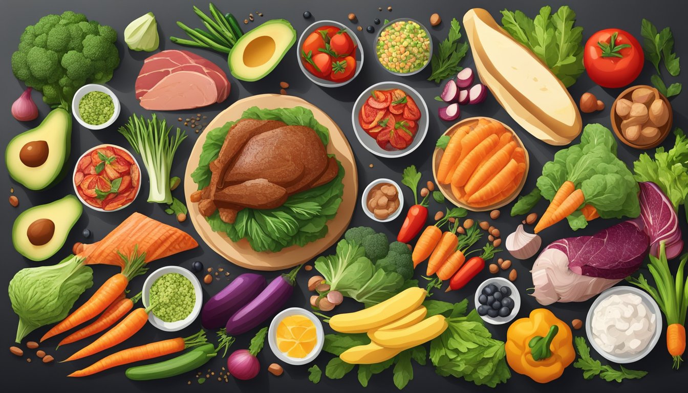 A bountiful table with fresh, colorful vegetables, lean meats, and healthy fats, surrounded by vibrant seasonal produce and keto-friendly ingredients