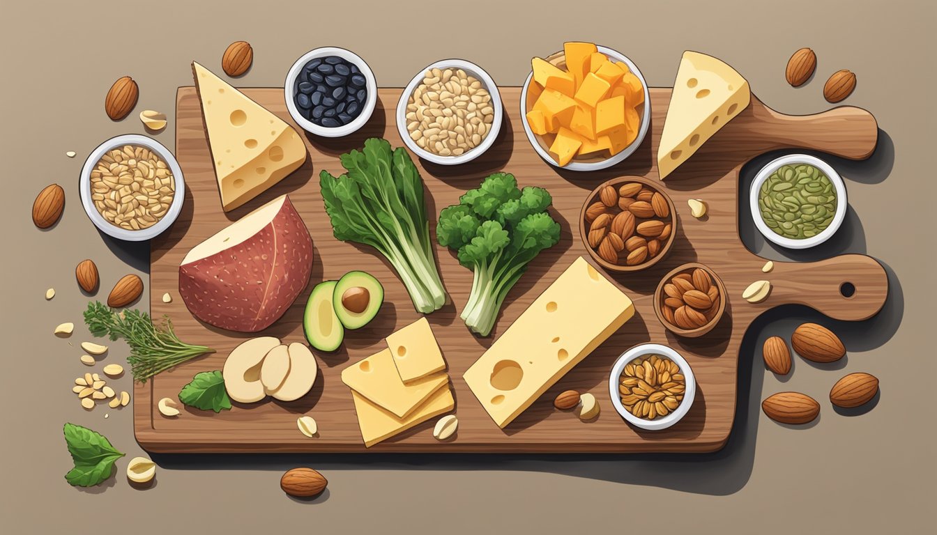 A variety of keto-friendly snacks arranged on a wooden cutting board, including nuts, seeds, cheese, and sliced vegetables