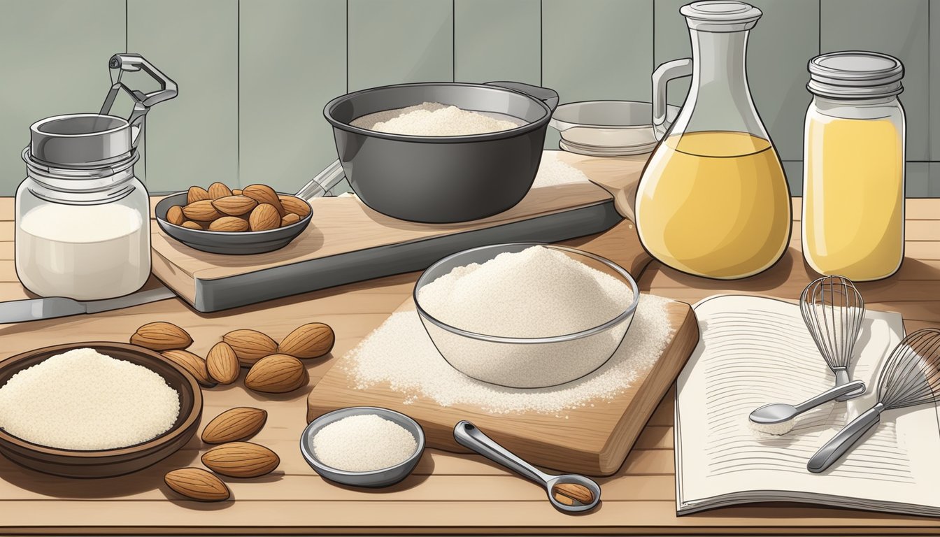 A kitchen counter with various baking ingredients and tools, including almond flour, coconut oil, and a mixer. A recipe book open to a page on advanced keto baking techniques