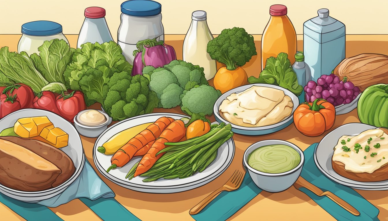 A colorful array of food items, including vegetables, meats, and dairy products, arranged on a kitchen counter or table