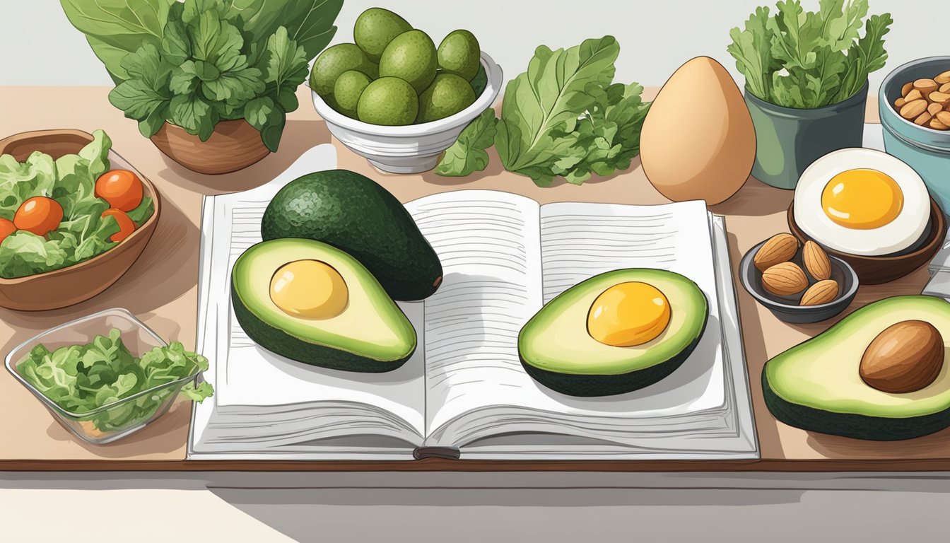 A kitchen counter with various keto-friendly foods and ingredients, such as avocados, eggs, leafy greens, and nuts, alongside a cookbook on advanced keto topics