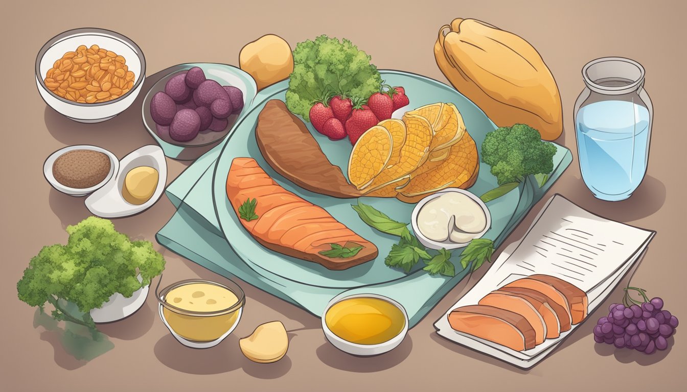 A table with various keto-friendly foods, a healthy pancreas, and a metabolic process diagram in the background