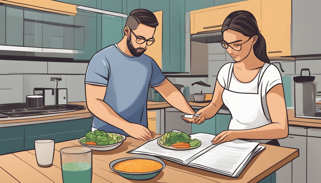 A person preparing a keto-friendly meal while reading a pamphlet on managing adverse reactions to the diet