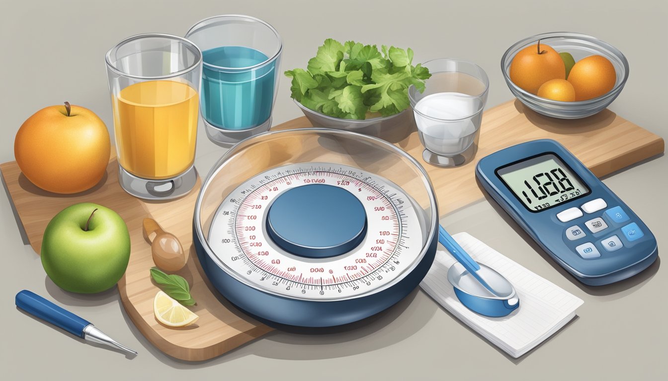 A kitchen counter with a food scale, measuring cups, a blood glucose monitor, and a journal for tracking meals and blood sugar levels