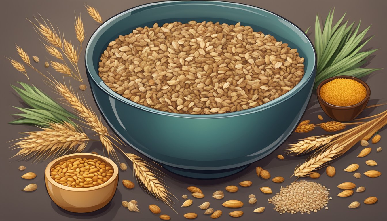 A bowl of NurturMe organic ancient grain cereal surrounded by various grains and seeds