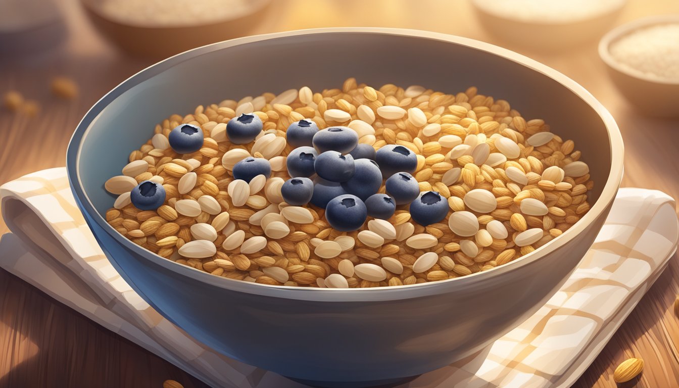 A bowl of NurturMe organic ancient grain cereal surrounded by assorted grains and seeds, with a warm, inviting glow from the morning sunlight