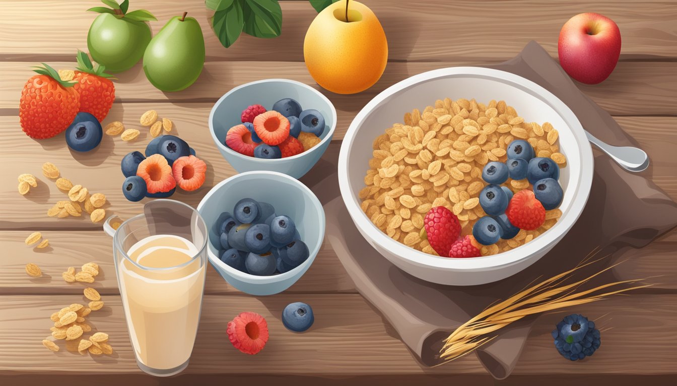 A bowl of NurturMe organic ancient grain cereal surrounded by fresh fruits and a glass of milk on a wooden table