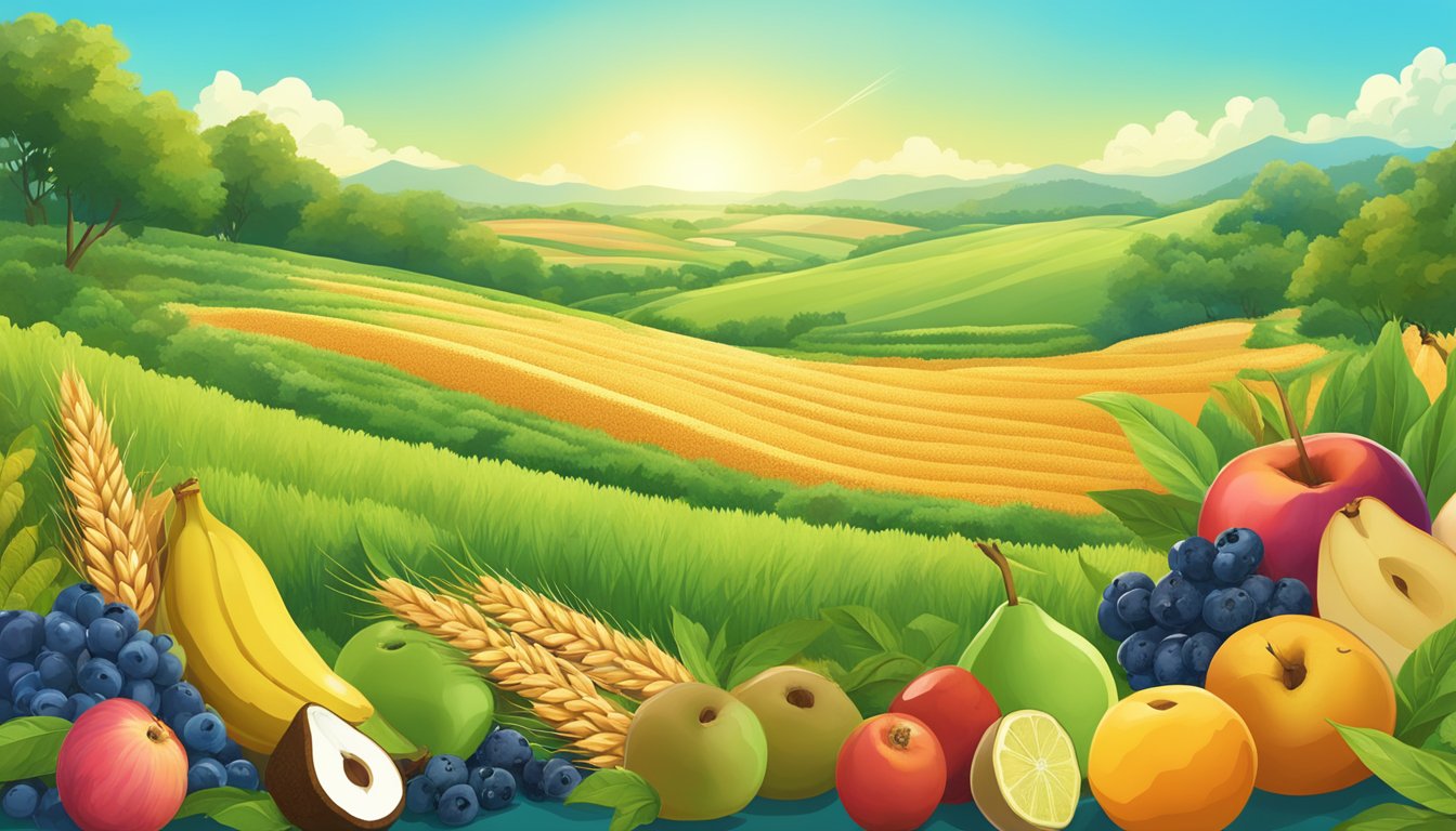 A colorful array of organic ancient grains and fruits, surrounded by lush green fields and a clear blue sky