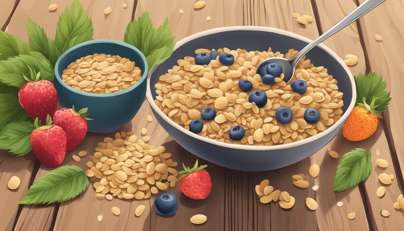 A bowl of NurturMe organic ancient grain cereal with a spoon beside it on a wooden table, surrounded by scattered grains and a few pieces of fruit