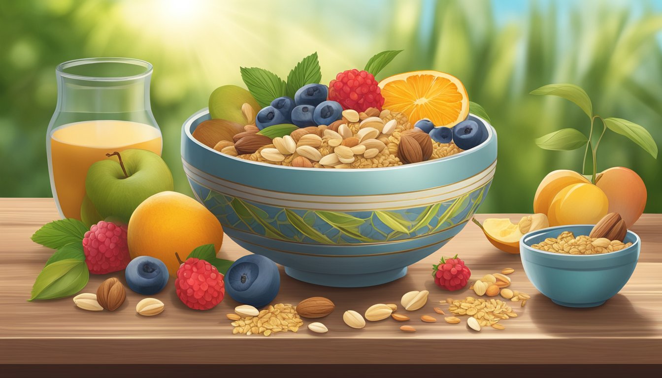 A bowl of NurturMe organic ancient grain cereal surrounded by fresh fruits and nuts on a wooden table