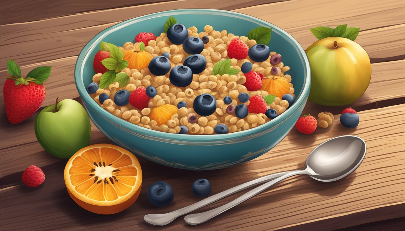 A bowl of NurturMe organic ancient grain cereal surrounded by various fruits and a spoon on a wooden table