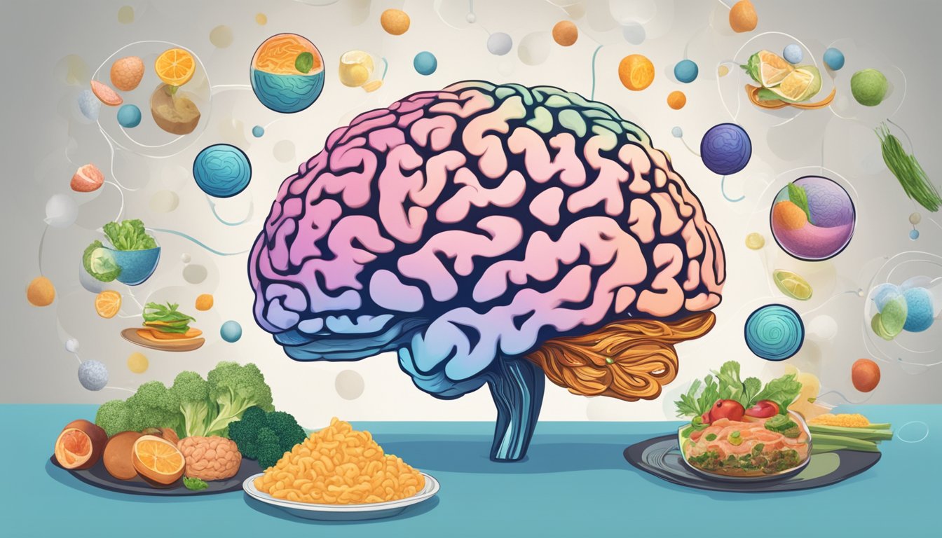 A brain surrounded by swirling molecules, with a keto-friendly meal in the background