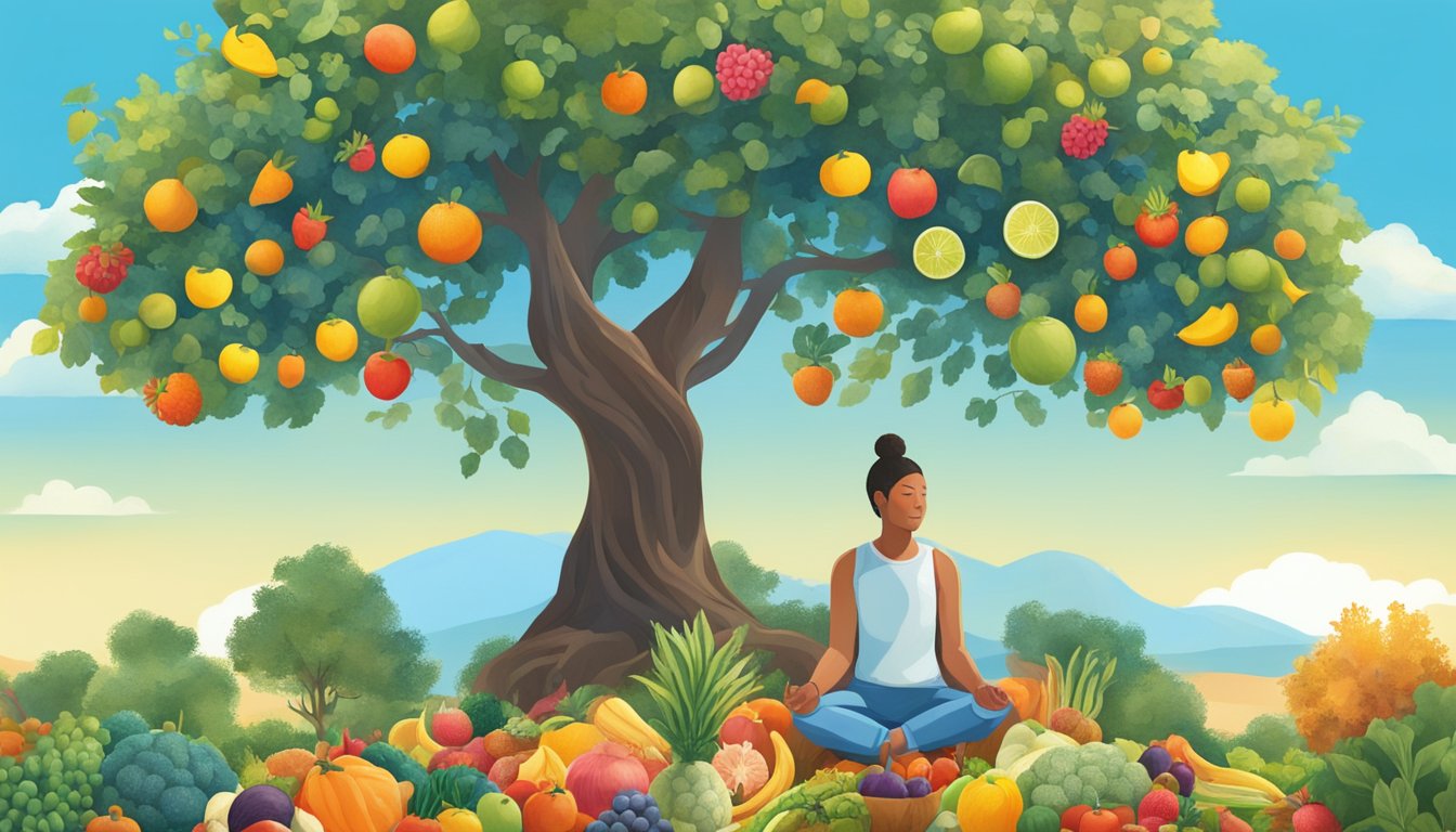 A serene outdoor setting with a person meditating under a tree, surrounded by colorful fruits and vegetables, and a clear blue sky overhead