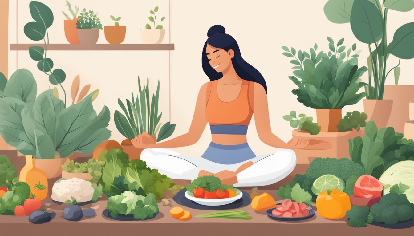 A person preparing a balanced keto meal while engaging in a calming activity, such as yoga or meditation, surrounded by fresh produce and herbs