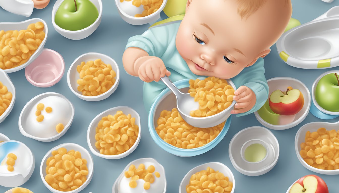 A spoonful of Nestle Cerelac wheat apple cereal being poured into a baby's bowl