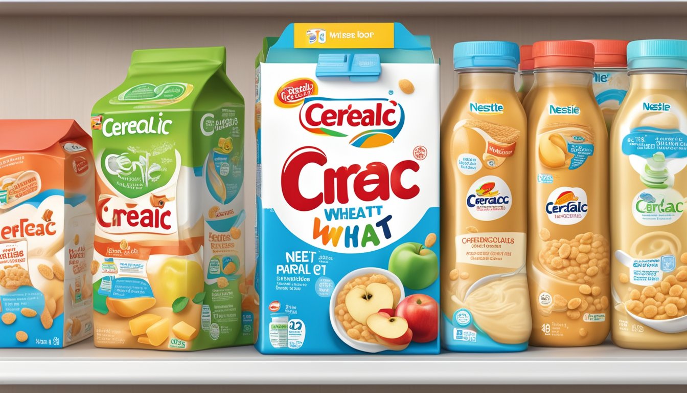 A colorful box of Nestle Cerelac Wheat Apple cereal sits on a shelf next to other baby food products, with a safety seal intact