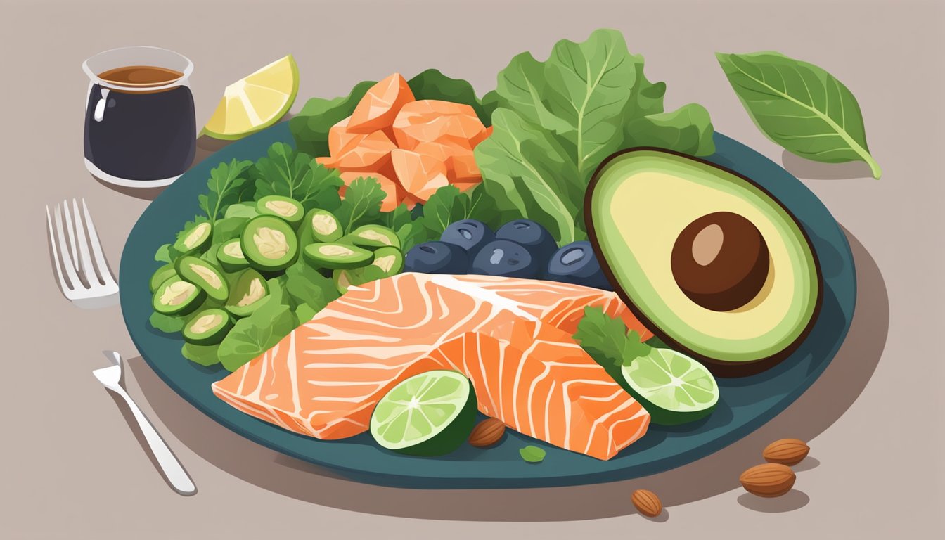 A colorful plate of keto-friendly foods, including leafy greens, avocados, salmon, and nuts, with a kidney symbol in the background