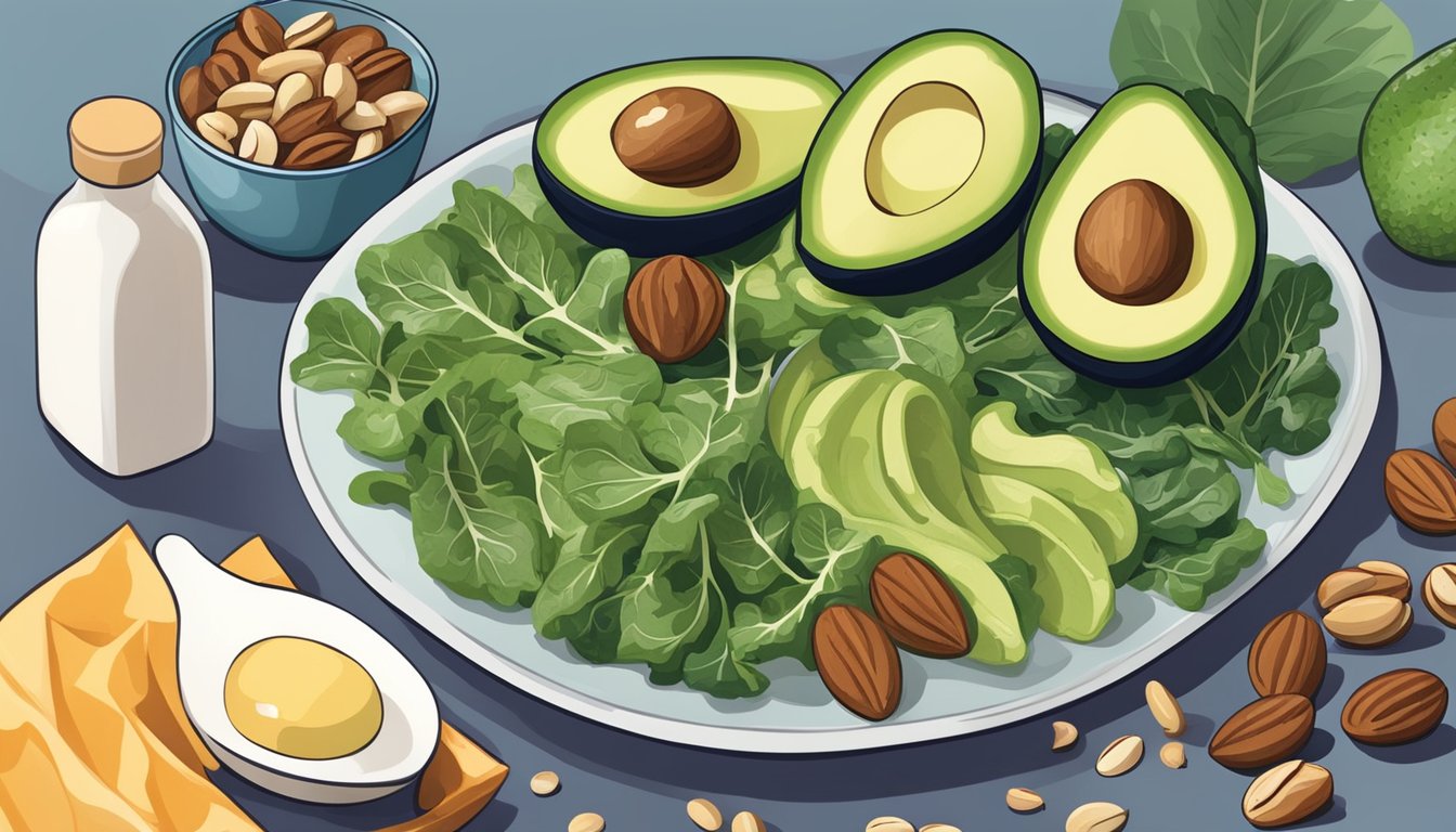 A colorful plate with keto-friendly foods like avocados, leafy greens, and nuts, next to a bottle of psoriasis medication