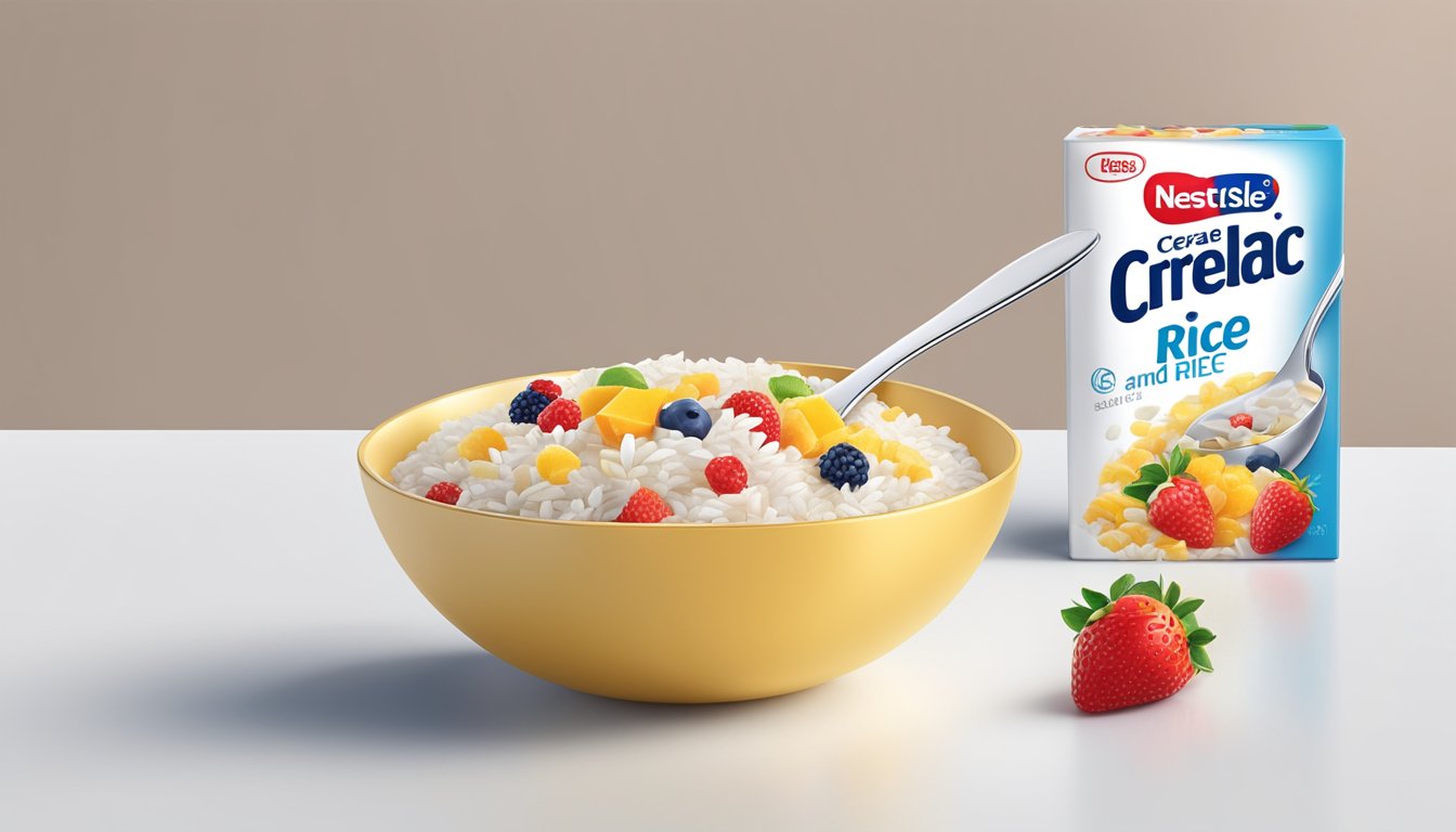 A bowl of Nestlé Cerelac rice and mixed fruit cereal with a spoon beside it on a clean, white table