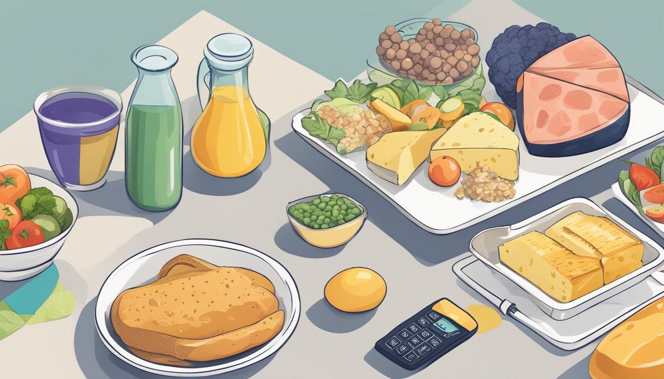 A person with psoriasis follows a keto diet, surrounded by healthy, low-carb food options, with a scale and tape measure nearby