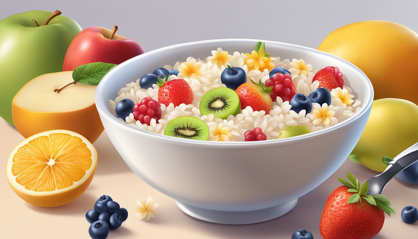 A bowl of Nestle Cerelac rice and mixed fruit cereal with a spoon beside it, surrounded by fresh fruits and a measuring cup