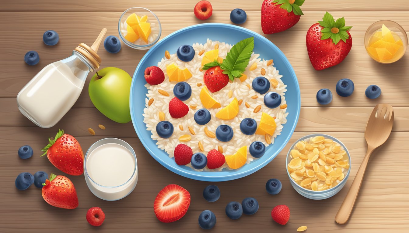 A bowl of Nestle Cerelac rice and mixed fruit cereal surrounded by fresh fruits and a glass of milk on a wooden table