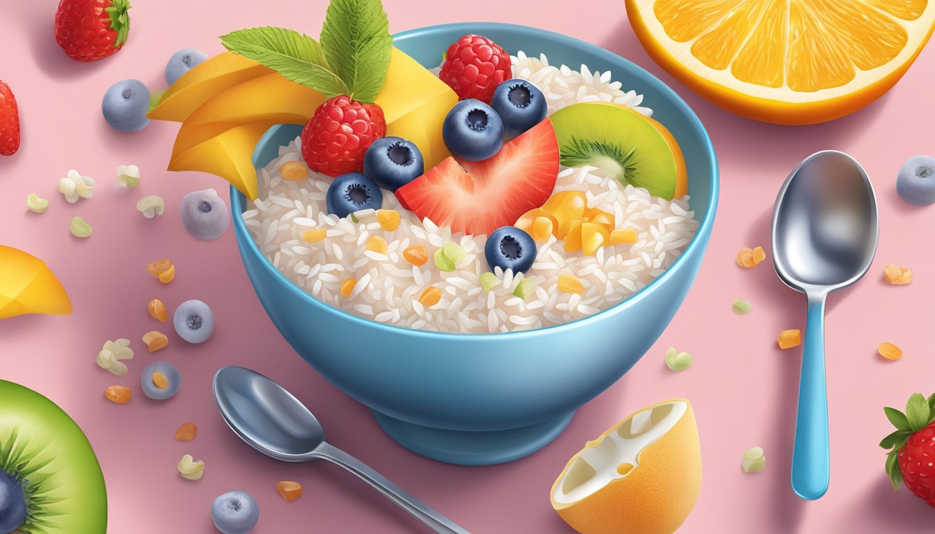 A bowl of Nestle Cerelac rice and mixed fruit cereal surrounded by fresh fruits and a spoon