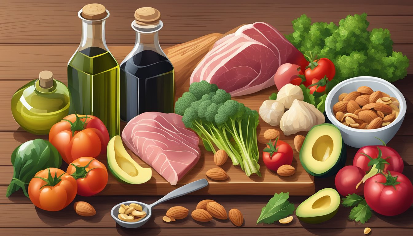 A colorful array of fresh vegetables, lean meats, and healthy fats arranged on a wooden cutting board, with a bottle of olive oil and a bowl of nuts nearby