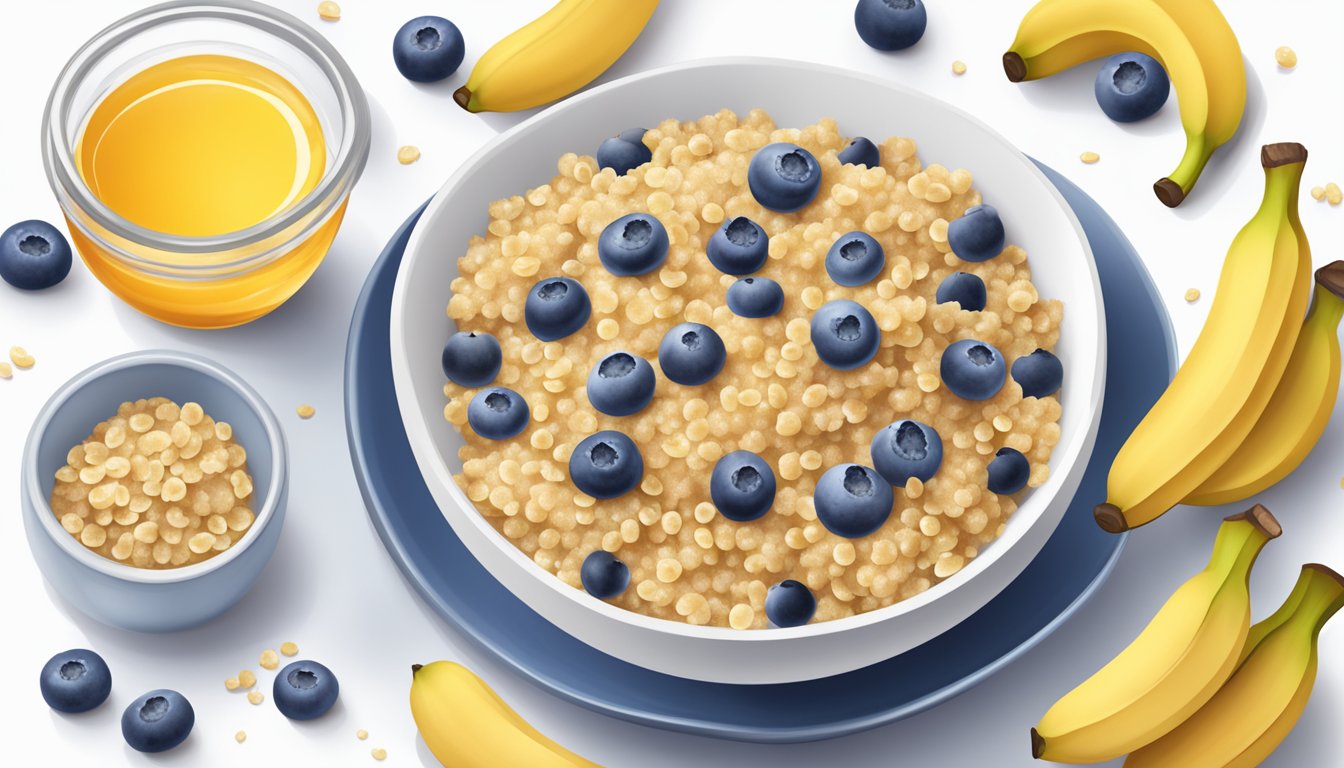 A bowl filled with quinoa cereal, surrounded by fresh blueberries, sliced bananas, and a drizzle of honey