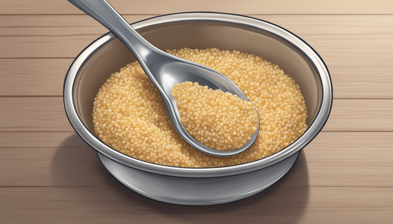 A small spoon filled with quinoa cereal sits on a high chair tray, ready for a baby's first taste of solid food