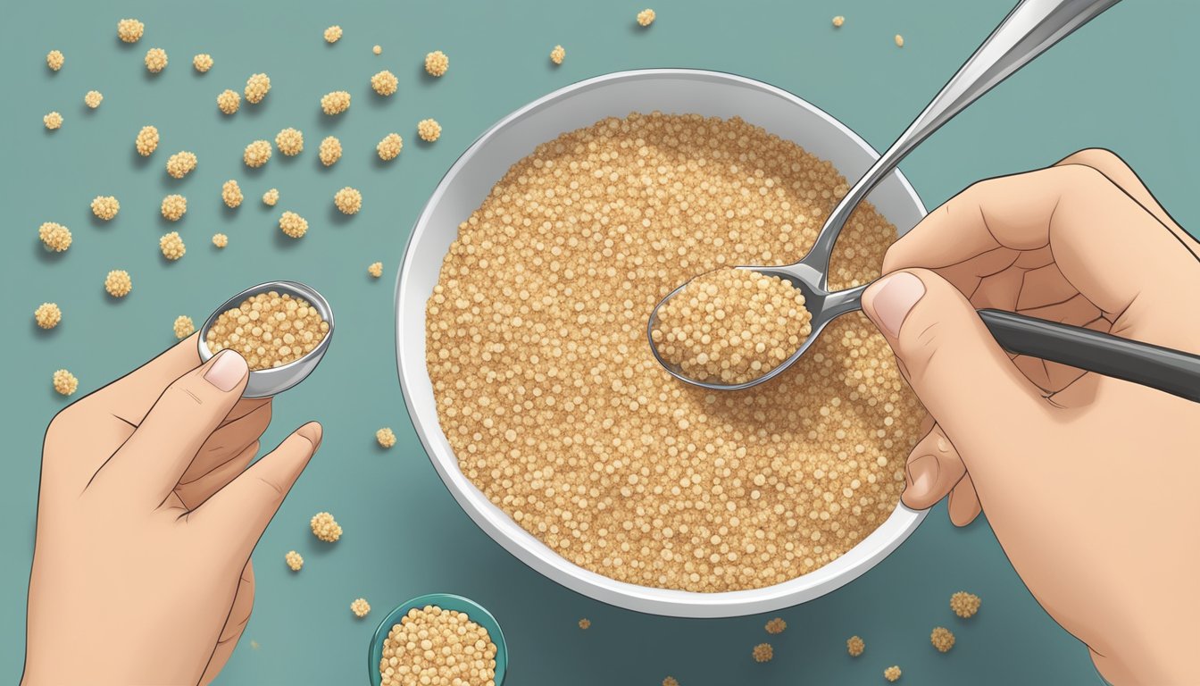 A hand pouring quinoa cereal from a little spoon into a bowl with safety guidelines in the background