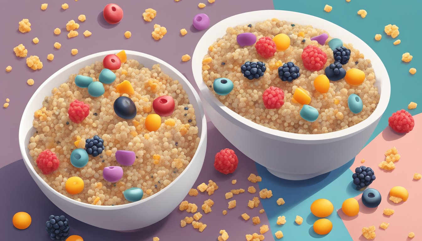 A small bowl of quinoa cereal with a variety of colorful and textured toppings scattered around it