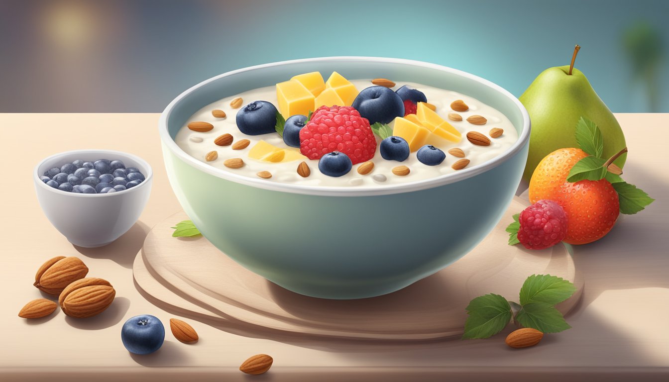 A bowl of kabrita organic goat milk porridge surrounded by fresh fruits and nuts, with a glass of milk on the side