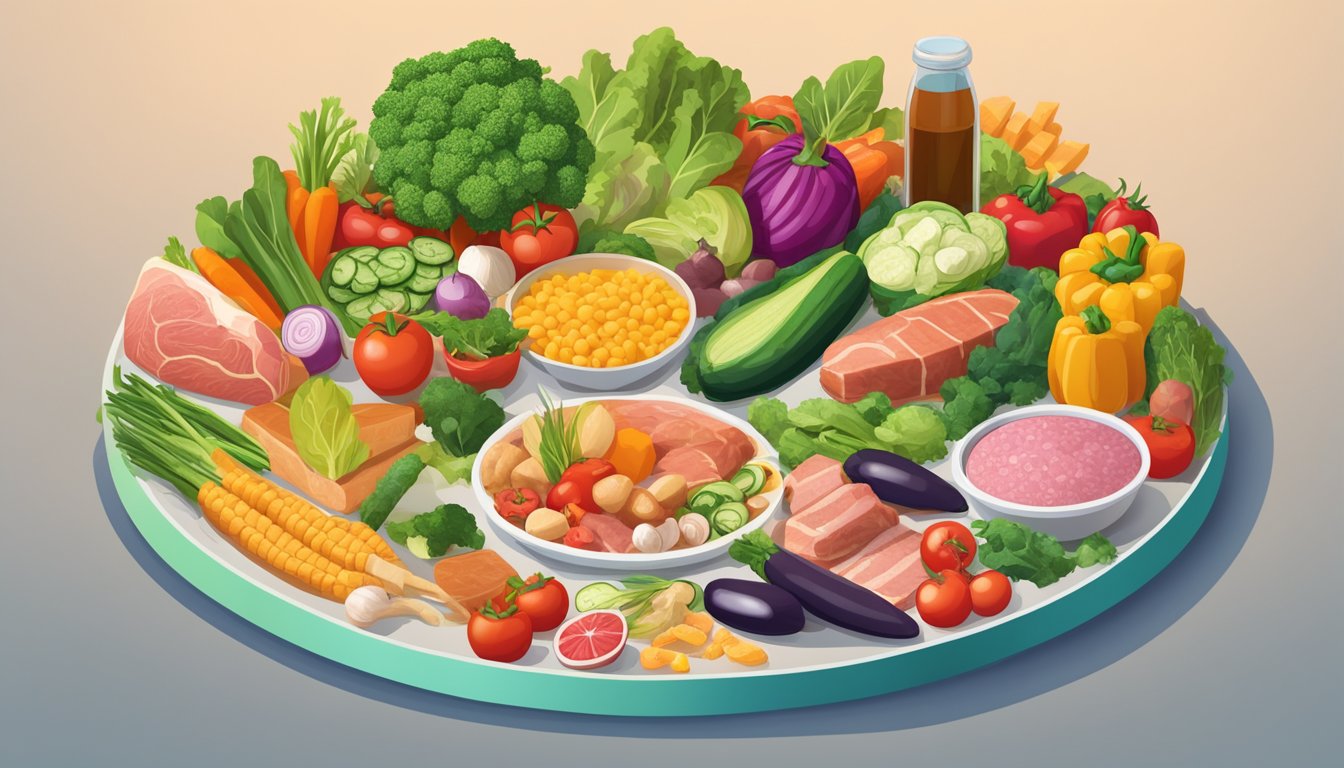 A colorful array of fresh vegetables, lean meats, and healthy fats, surrounded by a circle of processed and sugary foods