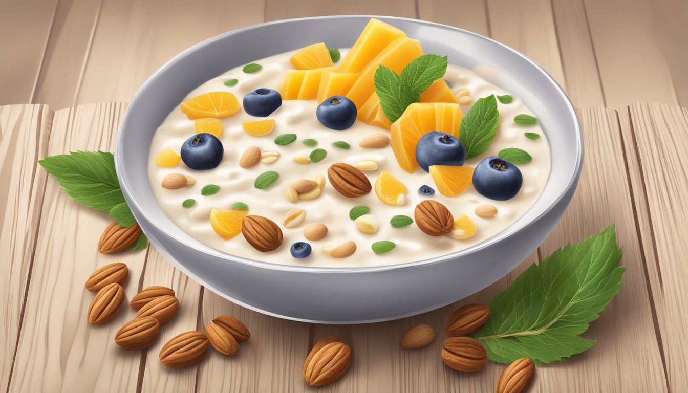 A bowl of Kabrita organic goat milk porridge surrounded by fresh fruits and nuts on a wooden table