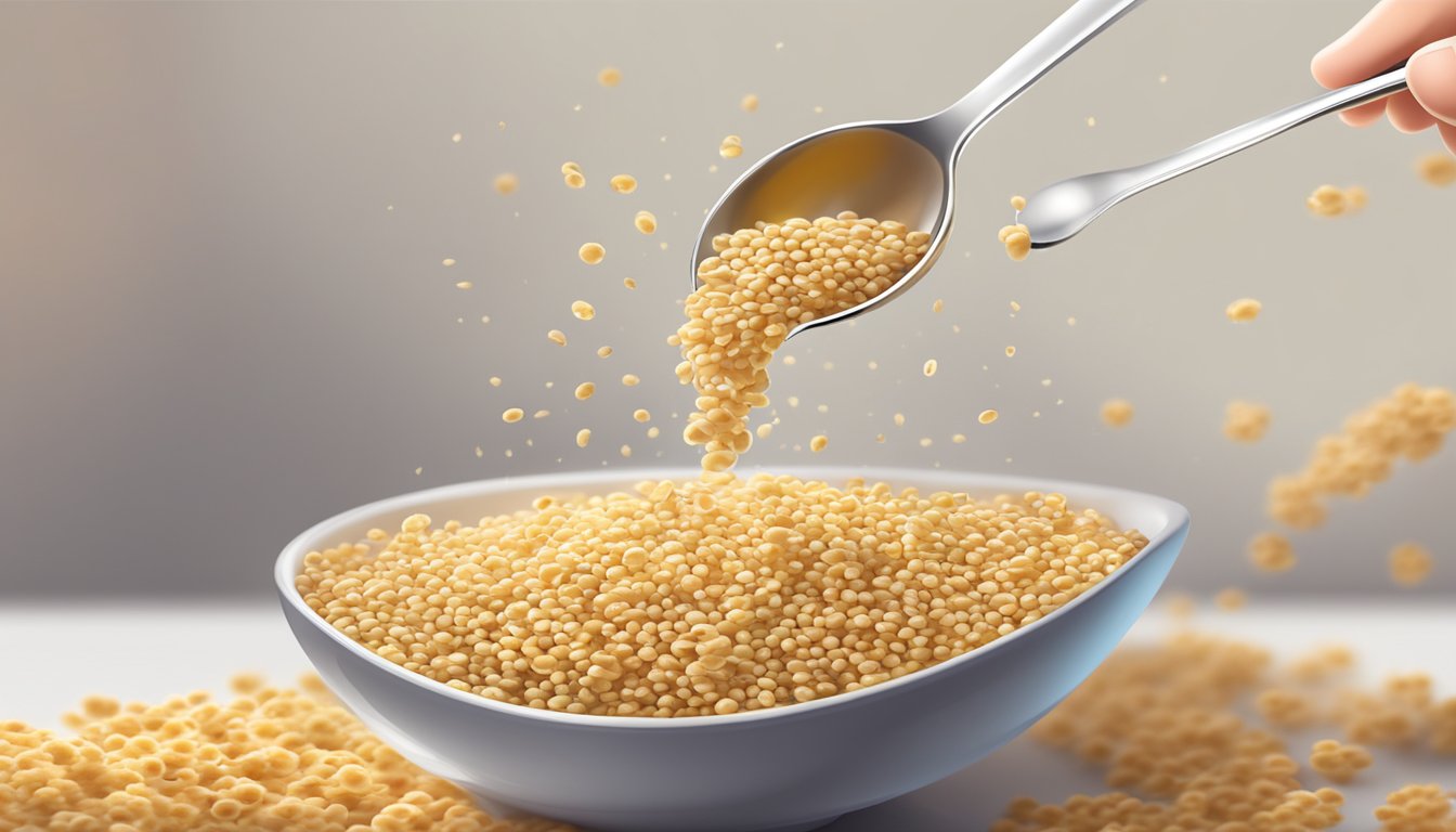 A small spoon pours quinoa cereal into a bowl