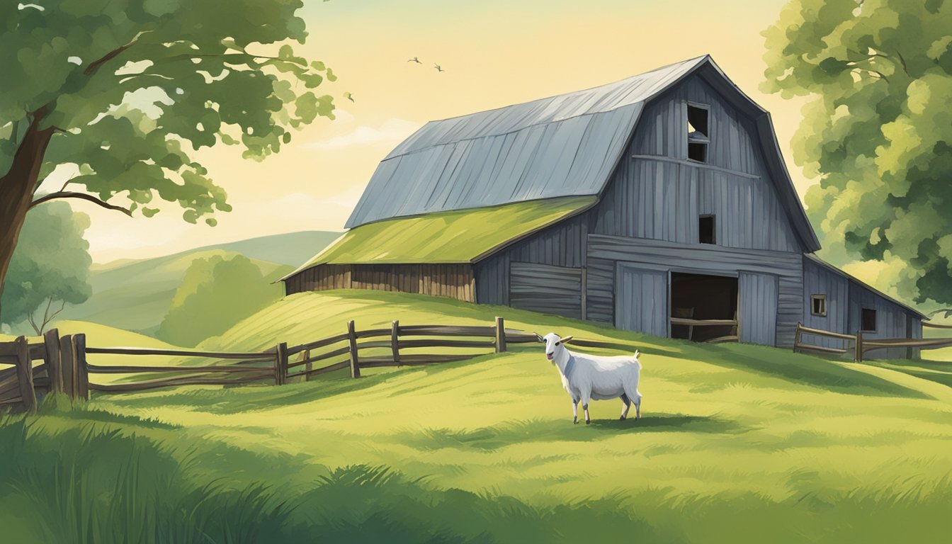 A serene farm scene with a goat grazing in a lush green pasture, with a rustic barn in the background and a clear blue sky overhead