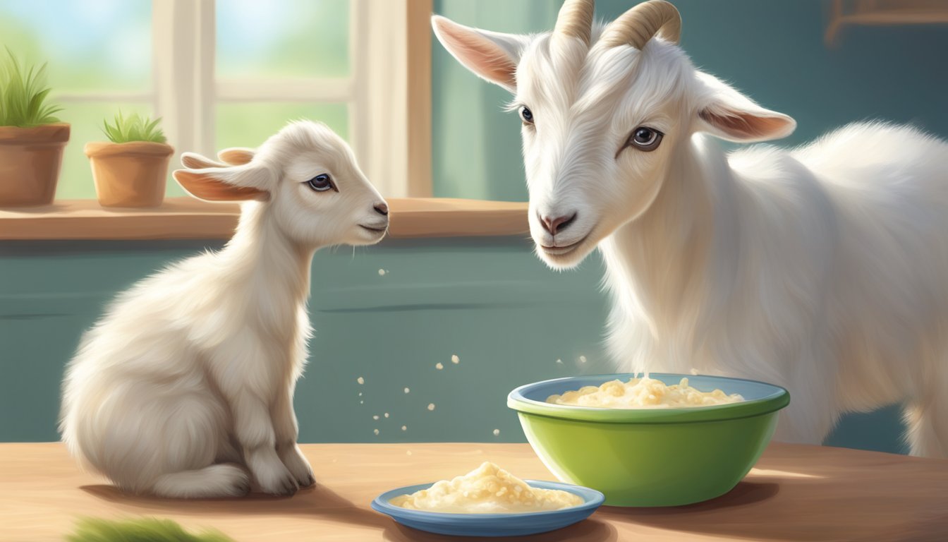 A baby goat eagerly eats from a bowl of Kabrita organic goat milk porridge, transitioning from nursing to solid food